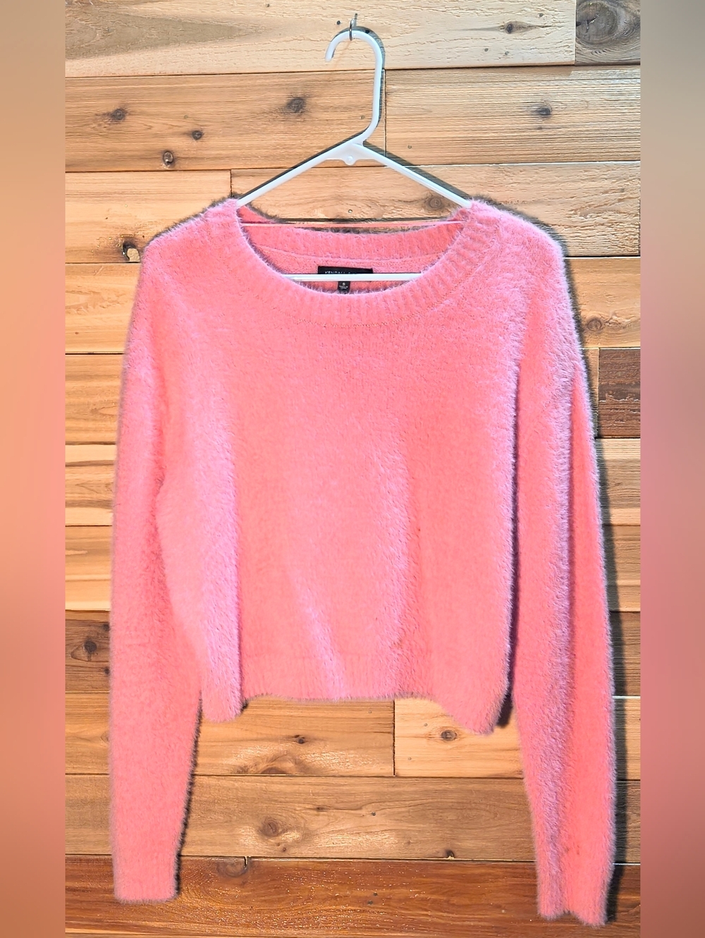 Fuzzy Cropped Crewneck Sweater By Kendall & Kylie - Size S - Bright Pink Color